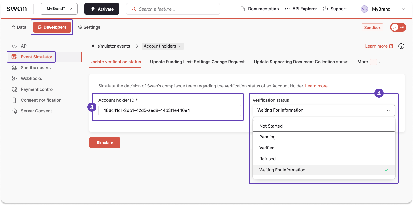 Simulate changing an account holder's verification status with the Event Simulator